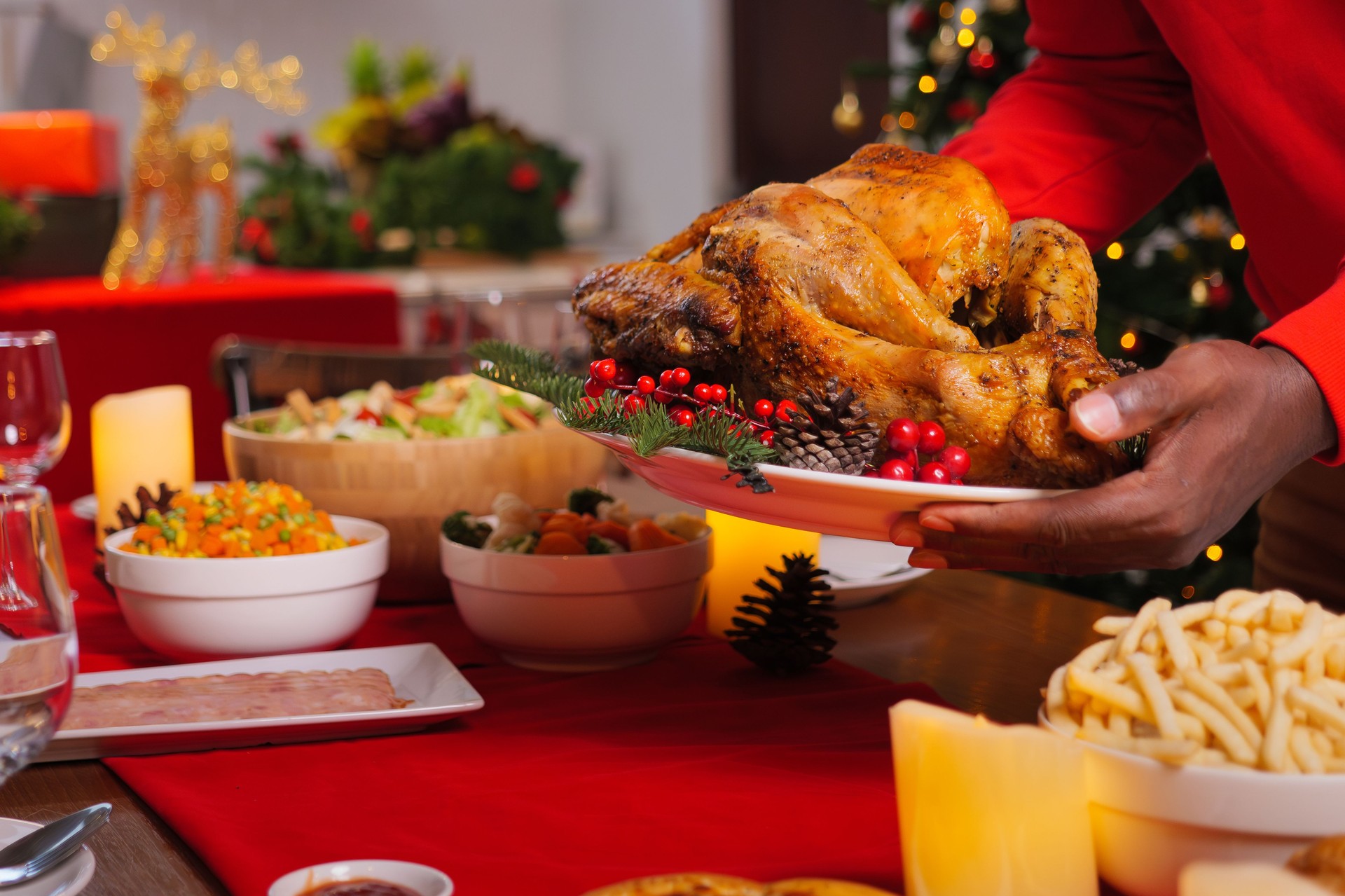 Christmas dinner with roasted turkey, Special food on table in the dinning room for Christmas dinner celebration, Christmas and Thanksgiving celebration concept